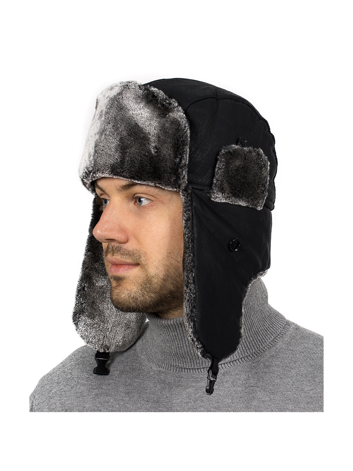 Schwarz - Herren-Uschanka-Hut aus Öko-Leder